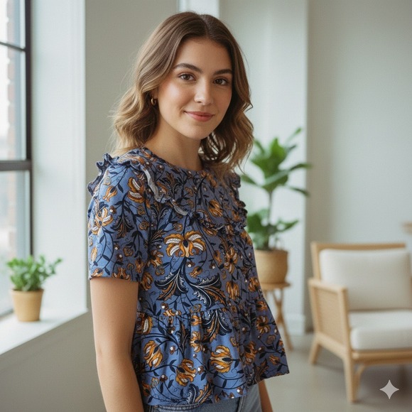 Zara Tops - Zara Floral Ruffle Peplum Top Blue Orange Boho Short Sleeve‎ - Size S